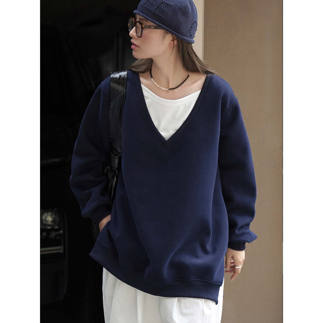 Damen V-Ausschnitt Sweatshirt im Relaxed‑Fit aus Baumwollmix Nord Taschen
