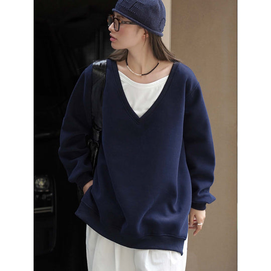 Damen V-Ausschnitt Sweatshirt im Relaxed‑Fit aus Baumwollmix Nord Taschen