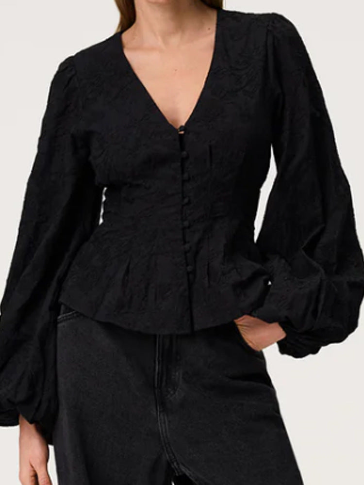 Damen Jacquard-Spitzenbluse mit tailliertem Schößchen und Ballonärmeln Nord Taschen