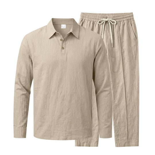 Herren Leichtes Leinen-Lounge-Set mit Henley-Kragen und elastischer Bundhose Nord Taschen