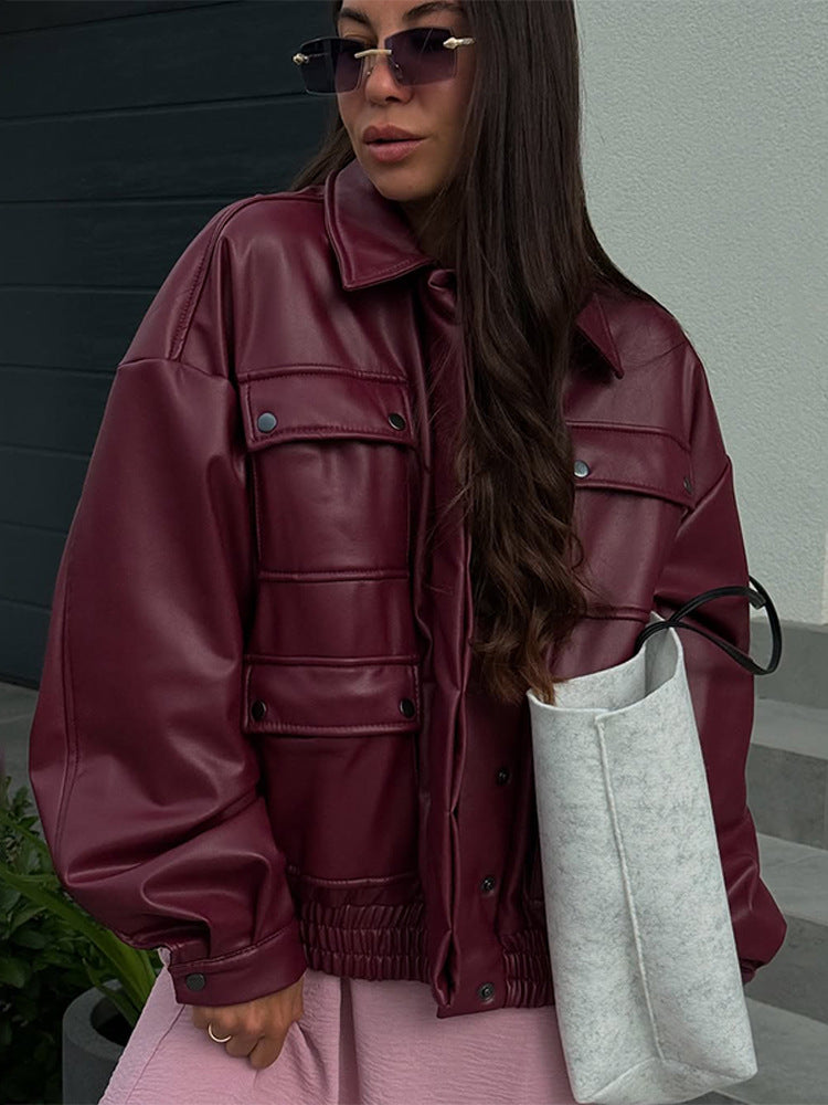 Damen Oversize Kunstlederjacke mit aufgesetzten Druckknopf-Taschen und elastischem Saum Nord Taschen
