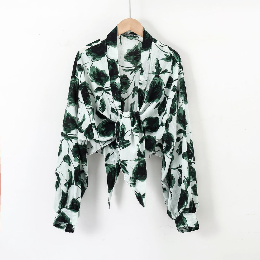 Damen nan florale Knoten-Bluse im Wickelstil mit Ballonärmeln und leichter Leinenoptik