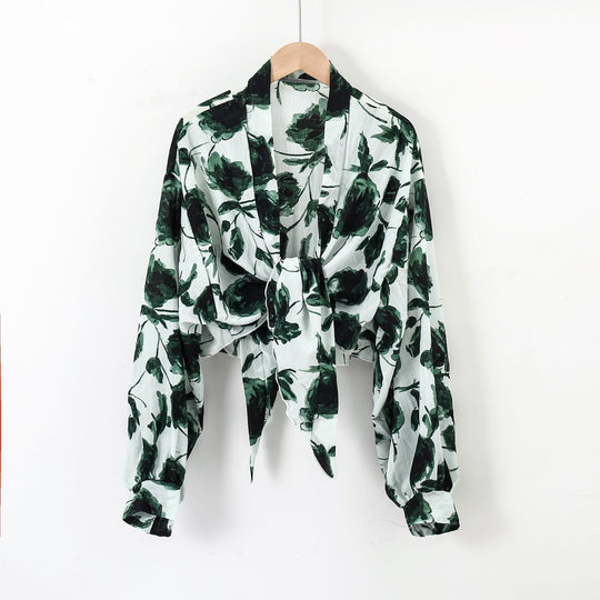 Damen nan florale Knoten-Bluse im Wickelstil mit Ballonärmeln und leichter Leinenoptik