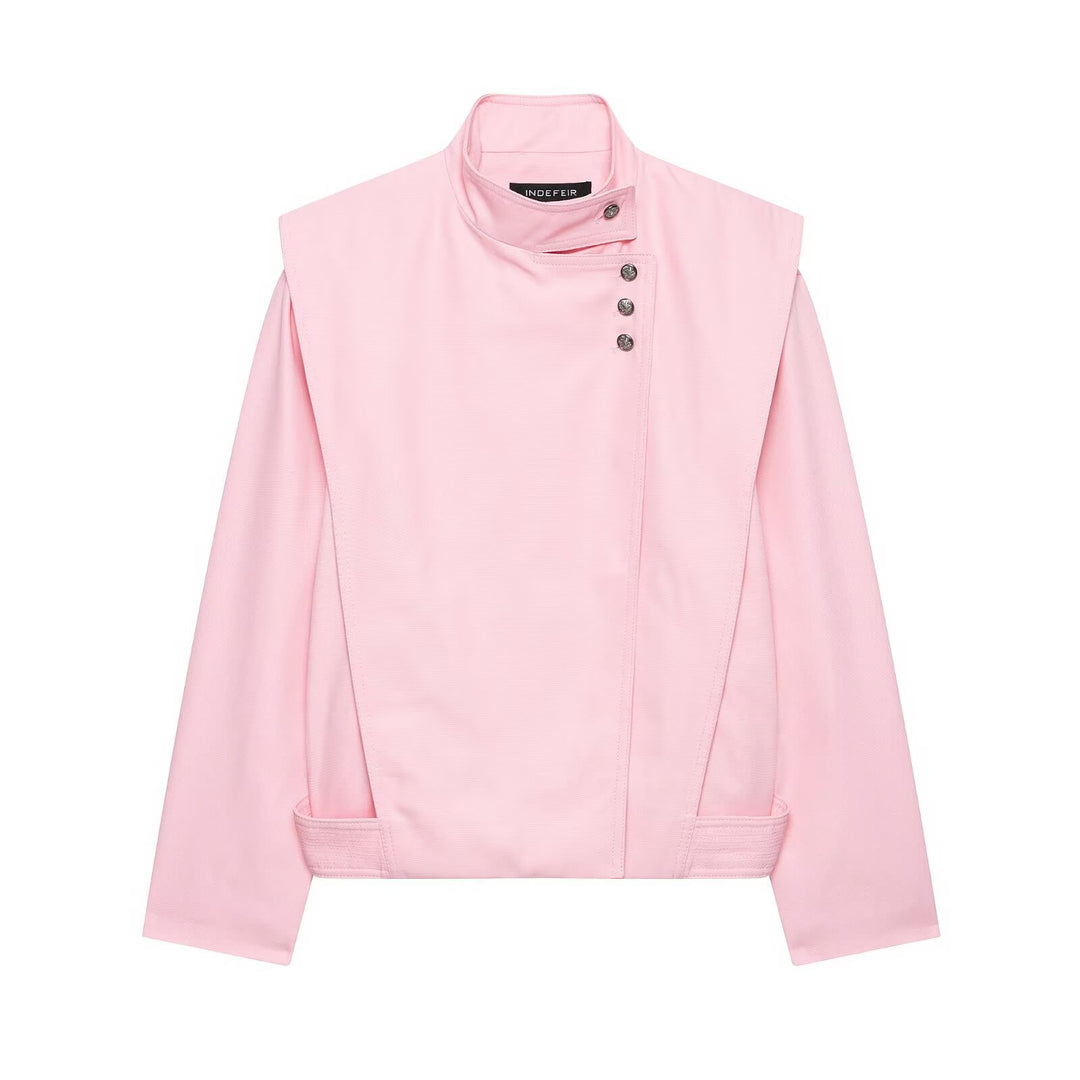 Damen Taillierte Cropped-Jacke mit asymmetrischem Stehkragen und dekorativen Druckknöpfen Nord Taschen