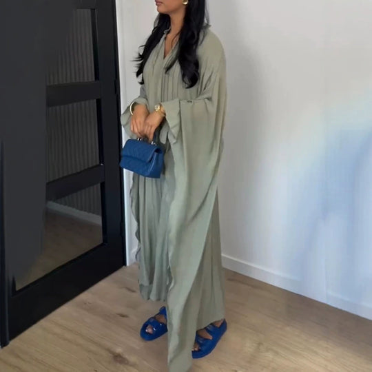 Damen Maxikleid im Kaftan-Stil mit Rüschenkragen, Bindebändern und voluminösen Ärmeln Nord Taschen