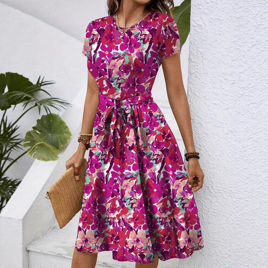 Damen Elegantes Midikleid mit floralem Design und Taillengürtel Nord Taschen