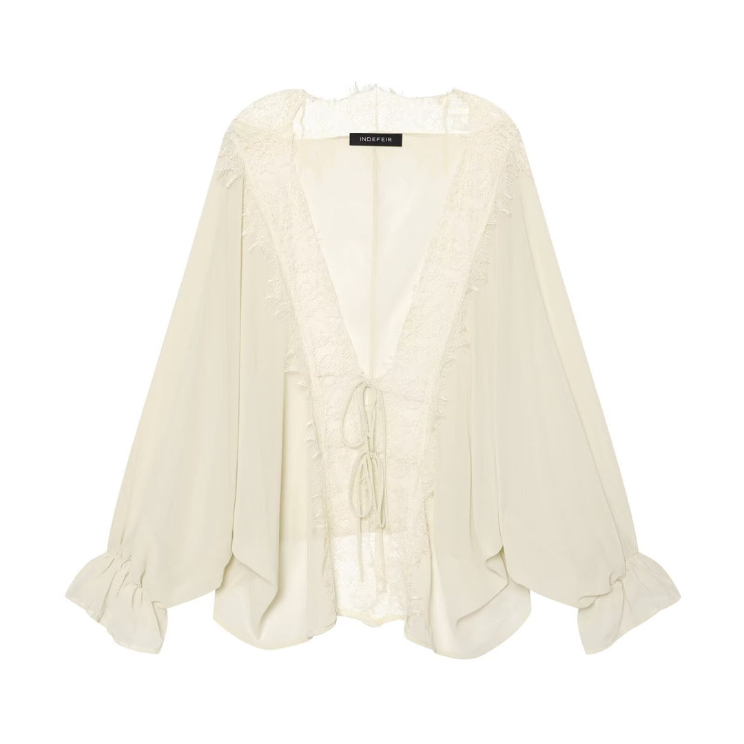 Damen Fließende Kimono‑Bluse mit Spitzenbesatz und Bindeband Nord Taschen