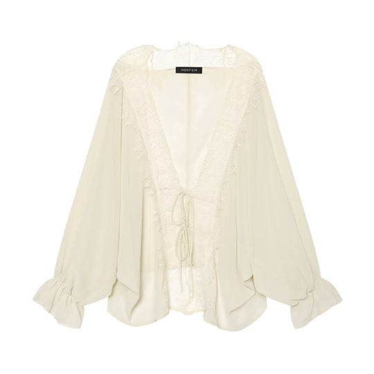 Damen Fließende Kimono‑Bluse mit Spitzenbesatz und Bindeband Nord Taschen