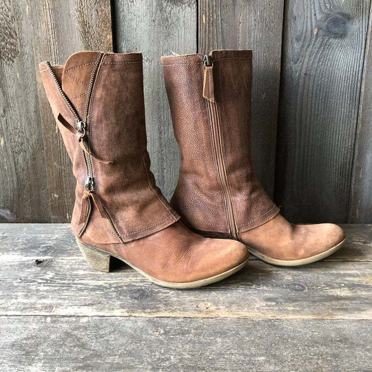 Damen Wadenhohe Western‑Stiefel aus Veloursimitat mit dekorativen Reißverschlüssen und niedrigem Blockabsatz Nord Taschen