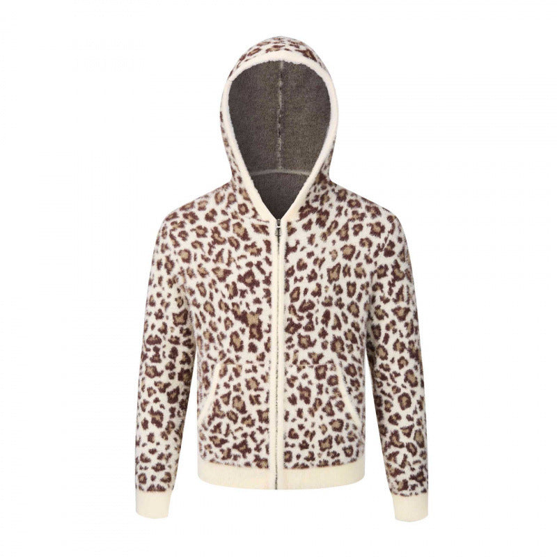 Damen Kapuzen-Fleecejacke aus Teddystoff mit Leopardenmuster und Reißverschluss Nord Taschen