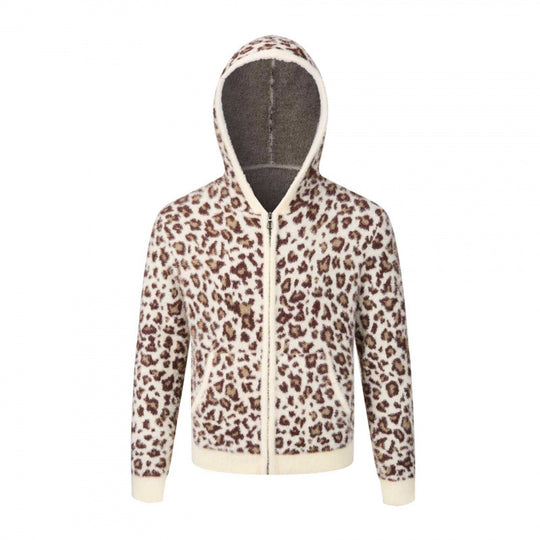 Damen Kapuzen-Fleecejacke aus Teddystoff mit Leopardenmuster und Reißverschluss Nord Taschen