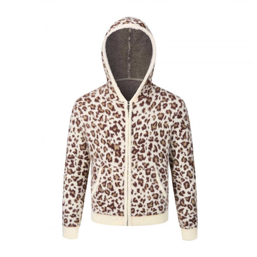 Damen Kapuzen-Fleecejacke aus Teddystoff mit Leopardenmuster und Reißverschluss Nord Taschen