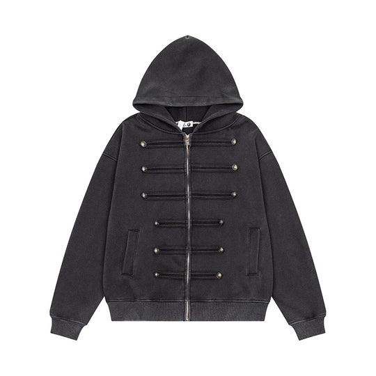 Damen Kapuzen-Sweatjacke mit dekorischer Doppelknopfleiste und Reißverschluss Nord Taschen