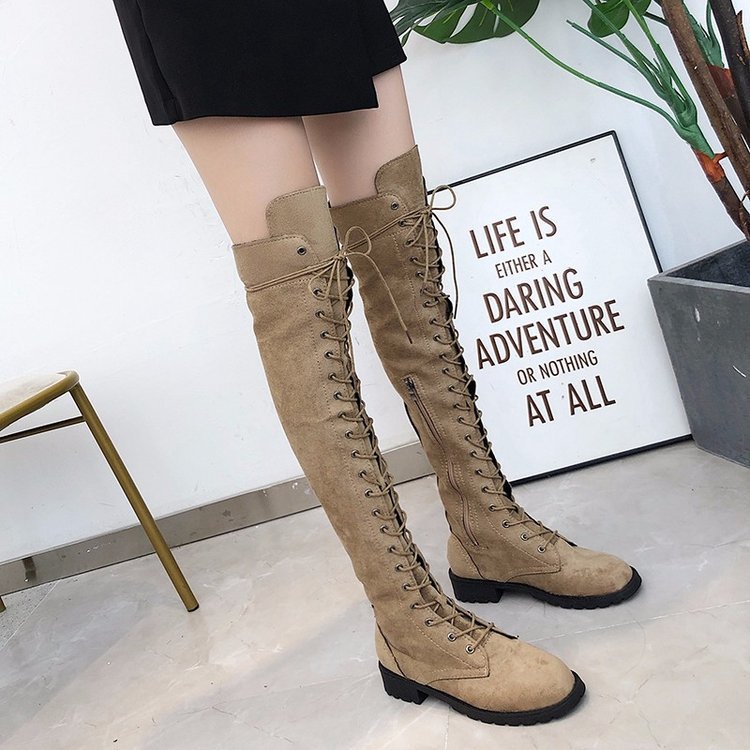 Damen Kniehohe Schnürstiefel mit durchgehender Schnürung aus Veloursimitat und rutschfester Profilsohle Nord Taschen