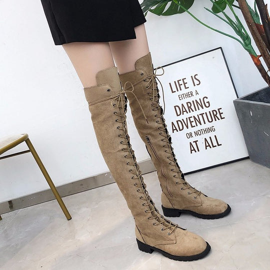 Damen Kniehohe Schnürstiefel mit durchgehender Schnürung aus Veloursimitat und rutschfester Profilsohle Nord Taschen
