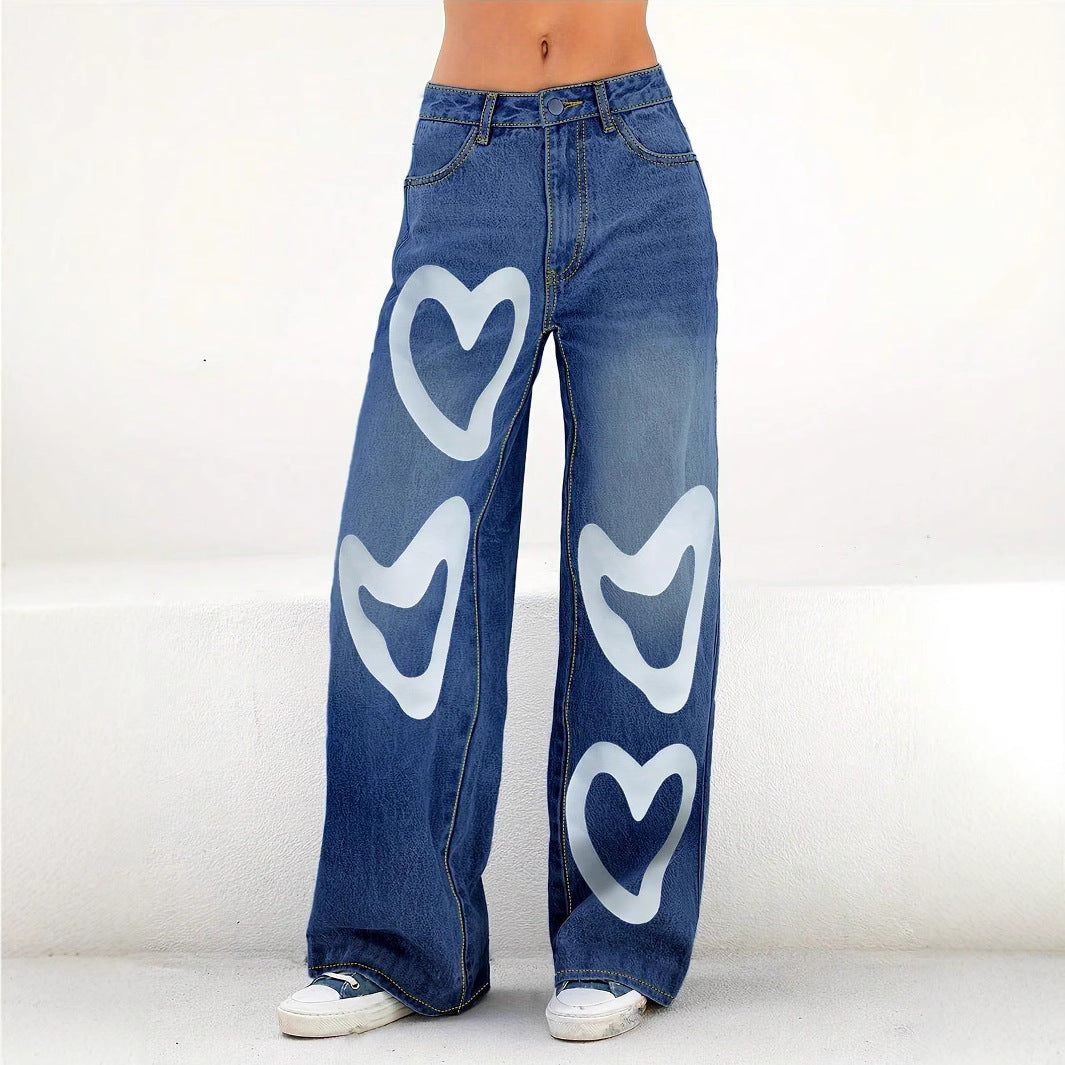 Damen High-Waist Wide-Leg-Jeanshose mit großflächigem Herz-Print Nord Taschen