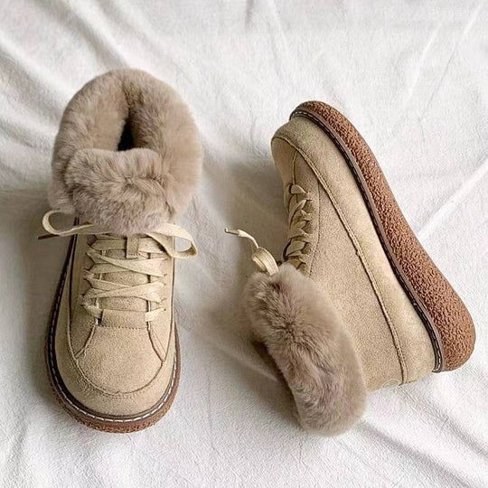 Damen  gefütterte Schnür-Boots mit Kunstfellkragen und rutschfester Plateau-Sohle Nord Taschen