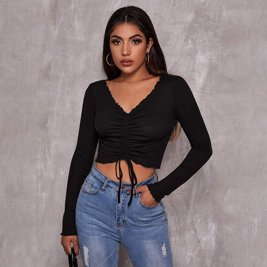 Damen geripptes Cropped-Longsleeve mit Tunnelzugvorderseite, Bindekordeln und gewelltem Saum Nord Taschen
