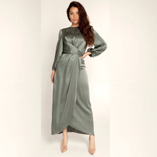 Damen Elegantes Maxikleid aus Satin mit Wickel-Detail, Langarm und Taillenband Nord Taschen