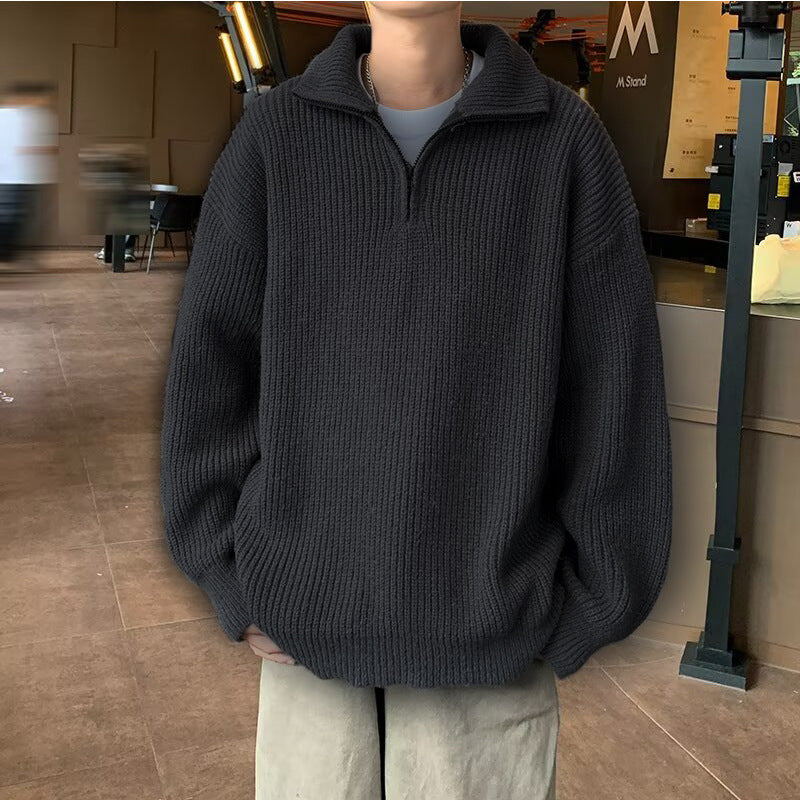 Herren Weicher Oversize-Rippenstrick-Pullover mit verdecktem Halbzip und Polokragen Nord Taschen