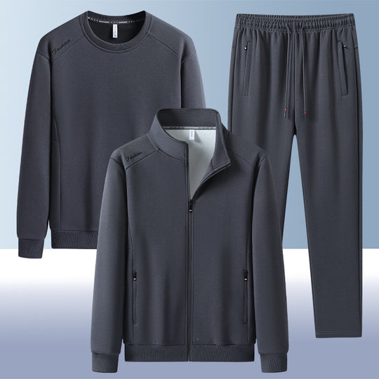 [Herren] Zweiteiliges Trainingsset mit Stehkragen-Zipjacke, Rundhals‑Sweatshirt und konisch geschnittener Jogginghose aus atmungsaktivem Fleece Nord Taschen