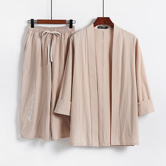 Damen Kimono-Set aus leichter Baumwollmischung offene Jacke mit lässig gekrempelten Ärmeln und weiter Haremshose mit Kordelzug Nord Taschen