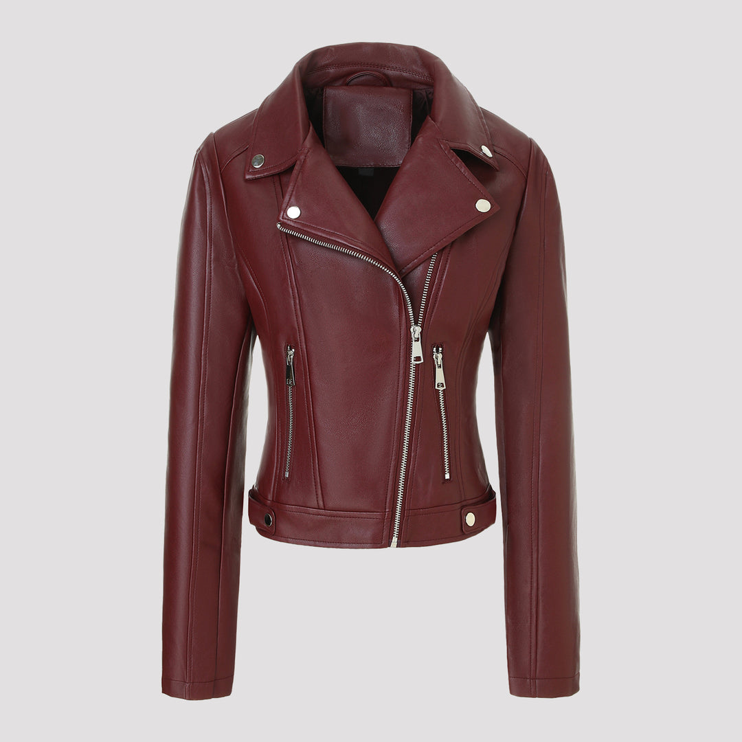 Damen Kurz geschnittene taillierte Bikerjacke aus Nappaleder mit asymmetrischem Reißverschluss Nord Taschen