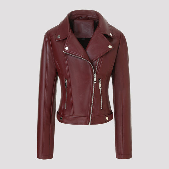 Damen Kurz geschnittene taillierte Bikerjacke aus Nappaleder mit asymmetrischem Reißverschluss Nord Taschen