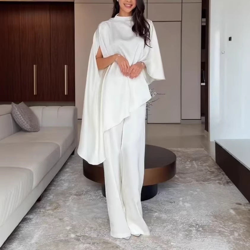 Damen Zweiteiliges Chiffon-Cape mit asymmetrischem Saum und Hose mit elastischem Bund Nord Taschen