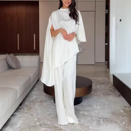 Damen Zweiteiliges Chiffon-Cape mit asymmetrischem Saum und Hose mit elastischem Bund Nord Taschen