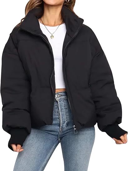 Damen Kurz geschnittene Stepp-Winterjacke mit Stehkragen, Reißverschluss und Rippbündchen Nord Taschen