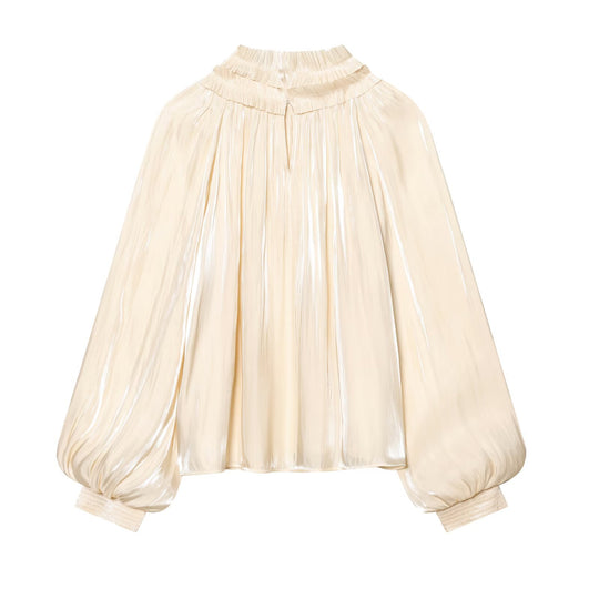 Damen 20+ plissierte Highneck-Bluse mit Rüschenkragen und Ballonärmeln Nord Taschen