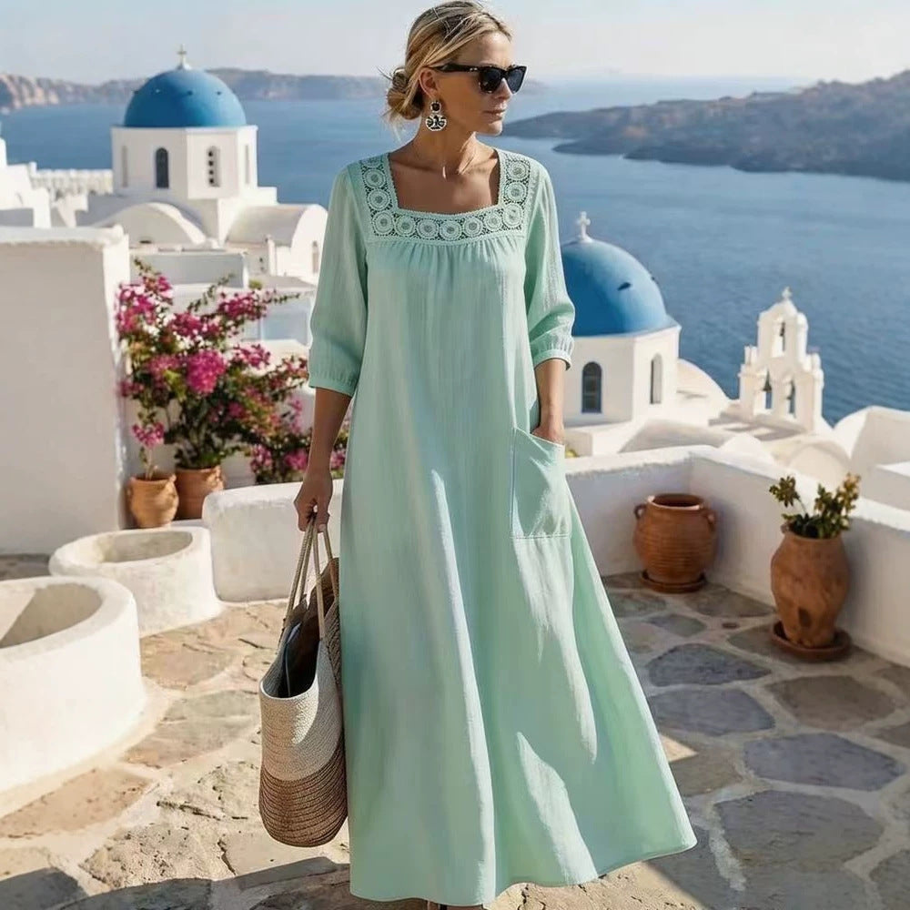 Damen Maxikleid mit gehäkeltem Quadrat-Ausschnitt, dreiviertel Ärmeln und Eingrifftasche Nord Taschen