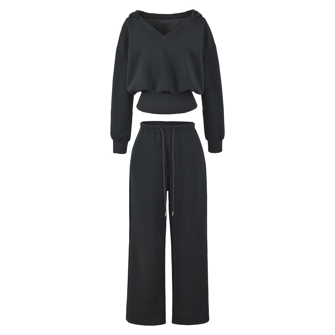 Damen Komfort-Lounge-Set mit kurzem V-Kapuzenpullover und hochgeschnittenen Weitbein-Joggern Nord Taschen