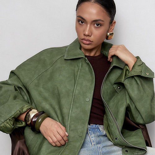 Damen Oversize-Lederimitatjacke im Boxy-Cut mit Raglanärmeln und Zweiwege-Reißverschluss Nord Taschen