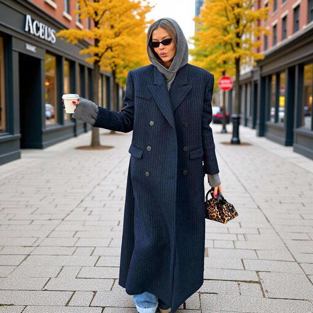 Damen Maximaler Oversize-Mantel im Nadelstreifen-Look mit doppelreihiger Knopfleiste und langen Silhouette Nord Taschen
