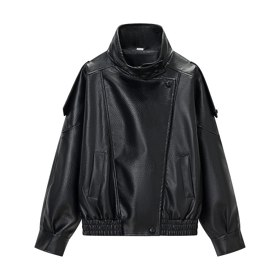 Damen Oversized Kunstlederjacke mit hohem Stehkragen, asymmetrischer Knopfleiste und elastischem Saum Nord Taschen