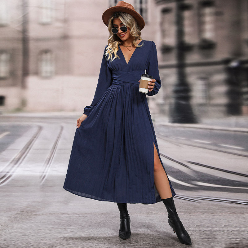 Damen Langes Viskose-Maxikleid mit Wickel-Taille, tiefem V‑Ausschnitt und hohem Beinschlitz Nord Taschen