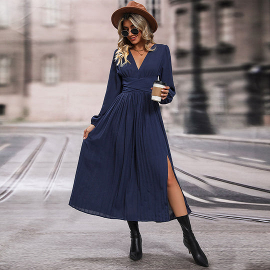 Damen Langes Viskose-Maxikleid mit Wickel-Taille, tiefem V‑Ausschnitt und hohem Beinschlitz Nord Taschen