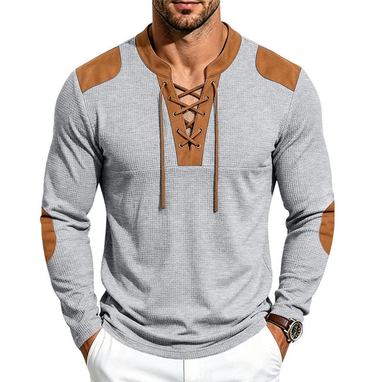 Herren Waffelstrick-Langarmshirt mit Schnürkragen und Kunstleder-Patches Nord Taschen