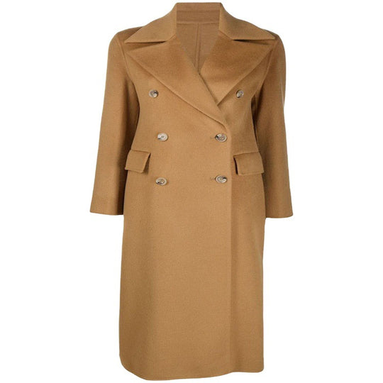 Damen Bodenlanger Zweireihiger Wollmix-Longcoat mit dezentem Gehschlitz und breitem Schalkragen Nord Taschen