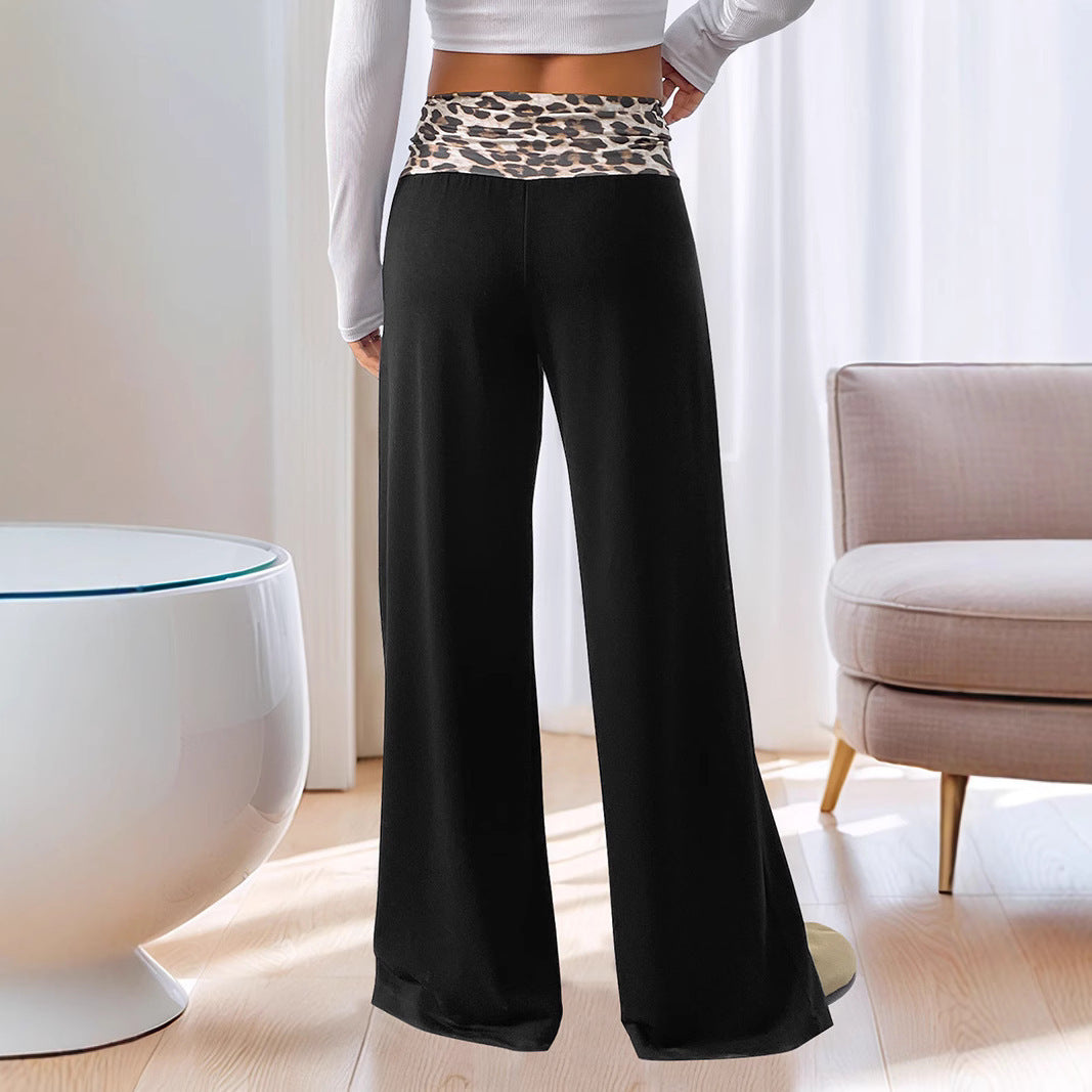 Damen Weite Loungewear‑Hose mit umgeschlagenem Leopardenbund und hoher Taille Nord Taschen