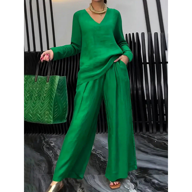 Damen Feiner V-Ausschnitt Strickpullover mit fließender Palazzo-Hose Nord Taschen