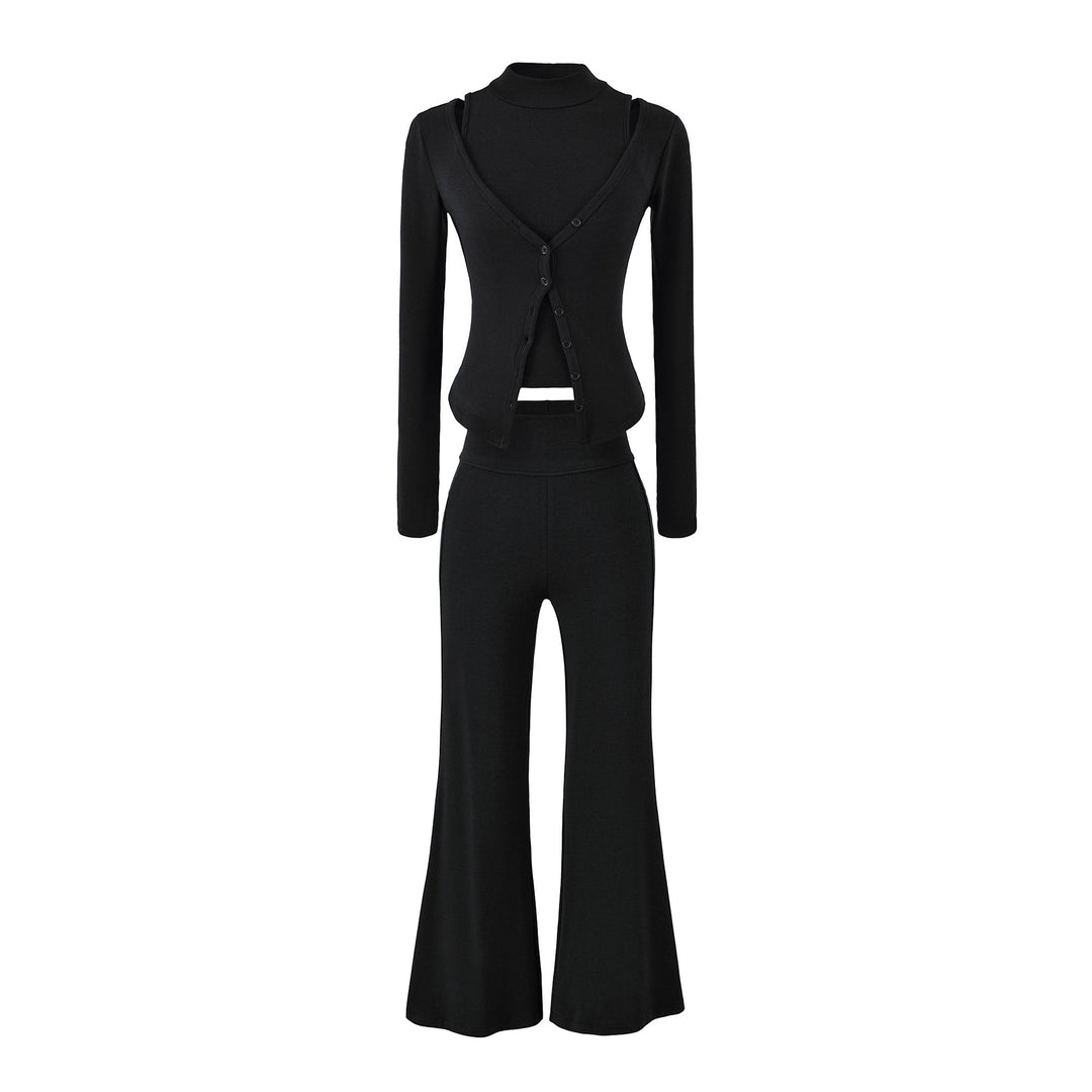 Damen Figurbetontes Layering-Set mit Rollkragen-Longsleeve und asymmetrischer Knopfjacke und ausgestellter High-Waist Hose Nord Taschen