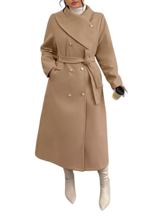 Damen Doppelreihiger Wollmix-Mantel mit weitem Schalkragen und Bindegürtel Nord Taschen