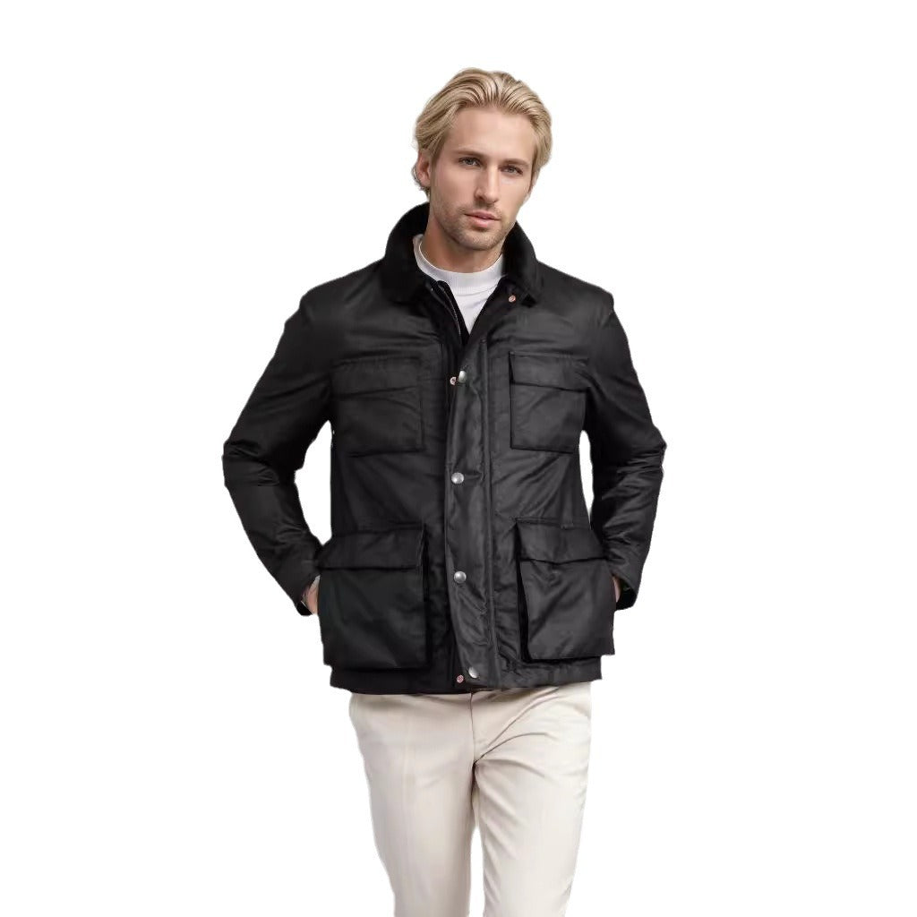 Herren Wachsjacke im Field-Stil mit Cordkragen und Mehrfachtaschen Nord Taschen