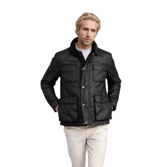 Herren Wachsjacke im Field-Stil mit Cordkragen und Mehrfachtaschen Nord Taschen