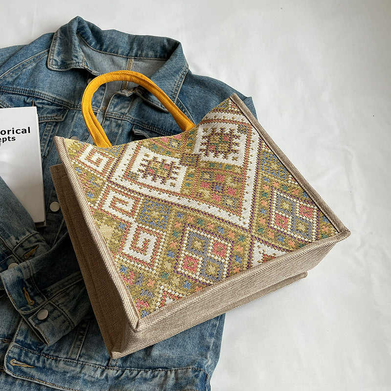 Damen Jute-Tragetasche mit farbenfrohem, geometrischem Muster Nord Taschen
