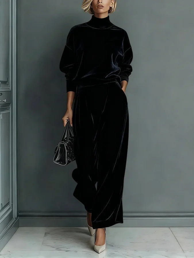 Damen Samt-Lounge-Set mit Rollkragenpullover und weiter Plissee-Hose Nord Taschen
