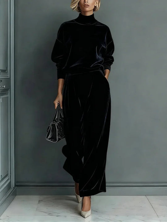 Damen Samt-Lounge-Set mit Rollkragenpullover und weiter Plissee-Hose Nord Taschen